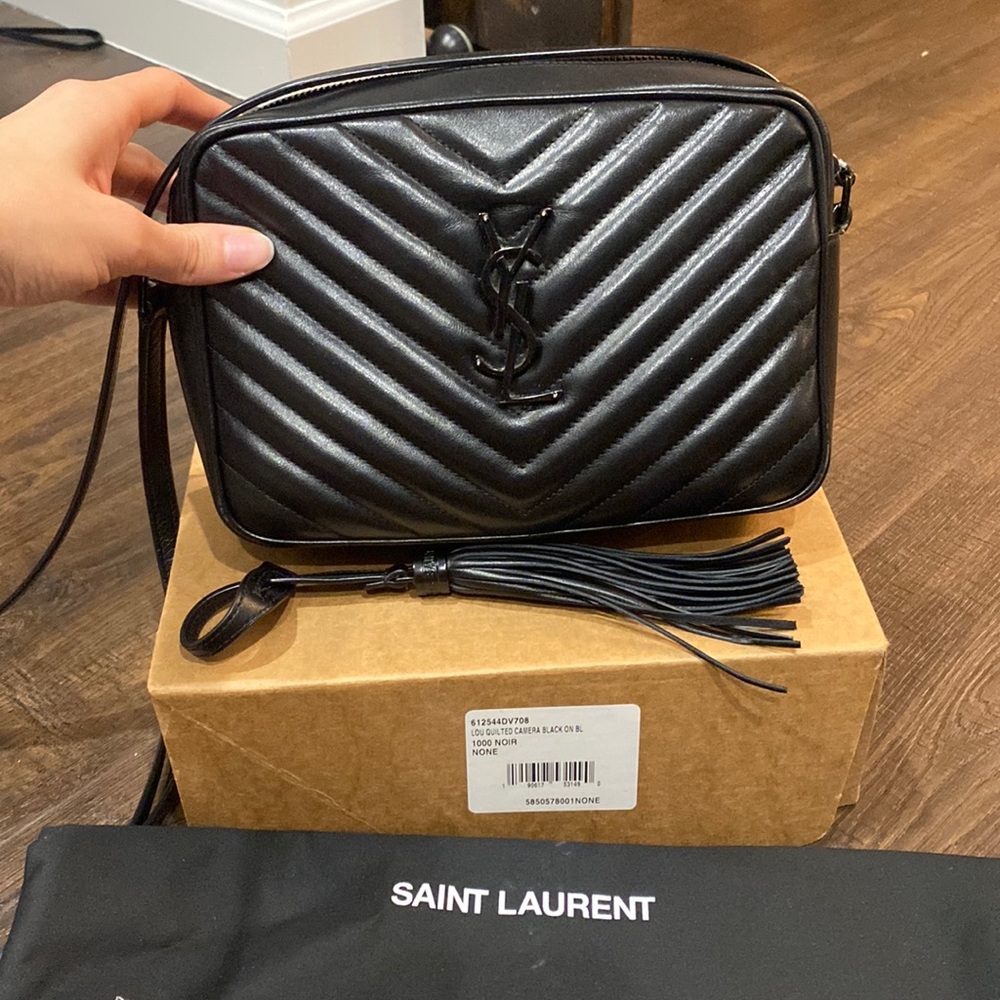 YSL Saint Laurent black crossbody lou matelassè calfskin leather camera …
